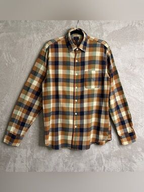 J. Crew Plaid Button-Down Shirt - Tan, Navy, Cream ~ Sz L Western, Relaxed, Cozy